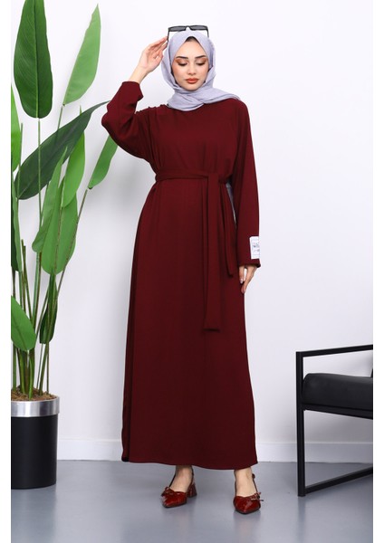 Bordo Kolu Armalı Reglan Kol Basic Modal Kuşaklı Elbise fiyatları