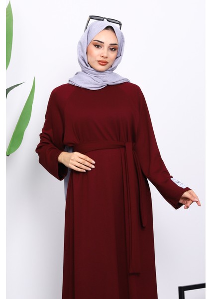 Bordo Kolu Armalı Reglan Kol Basic Modal Kuşaklı Elbise modelleri