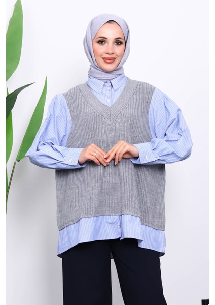 Gri Triko Garnili Gömlek