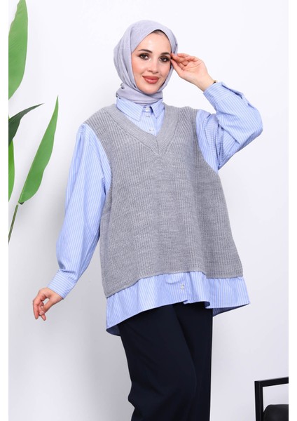 Gri Triko Garnili Gömlek modelleri