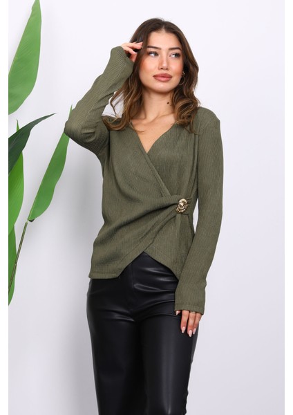 Haki Toka Detaylı Kruvaze Yaka Fitilli Bluz