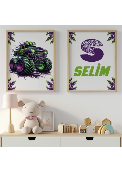 Dev Kamyon Temalı Kişiye Özel Isimli 2'li Çocuk Odası Dekoratif Poster Seti - Çerçevesiz