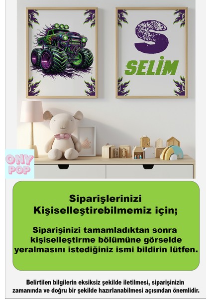 Dev Kamyon Temalı Kişiye Özel Isimli 2'li Çocuk Odası Dekoratif Poster Seti - Çerçevesiz