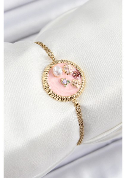 Bfs 316L Çelik Zincir Pembe Mineli Sanatsal Portre Inci Detaylı Çiçek Model Gold Renk Kadın Bi