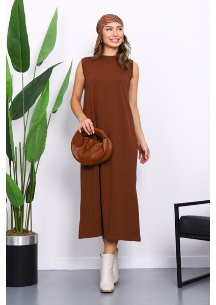 Kahverengi Sıfır Kol Penye Tesettür İçlik Elbise