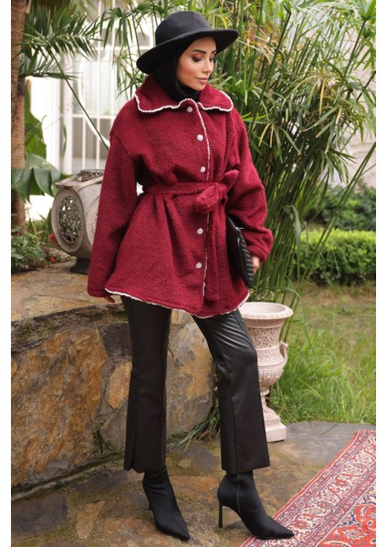 Bordo İnci Detaylı Taş Düğmeli Angora Kaban