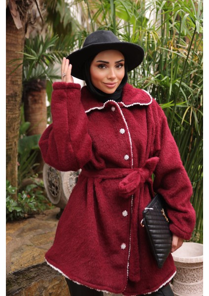 Bordo İnci Detaylı Taş Düğmeli Angora Kaban fiyatları