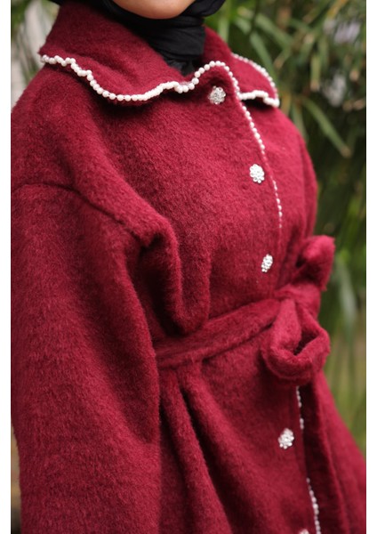 Bordo İnci Detaylı Taş Düğmeli Angora Kaban modelleri