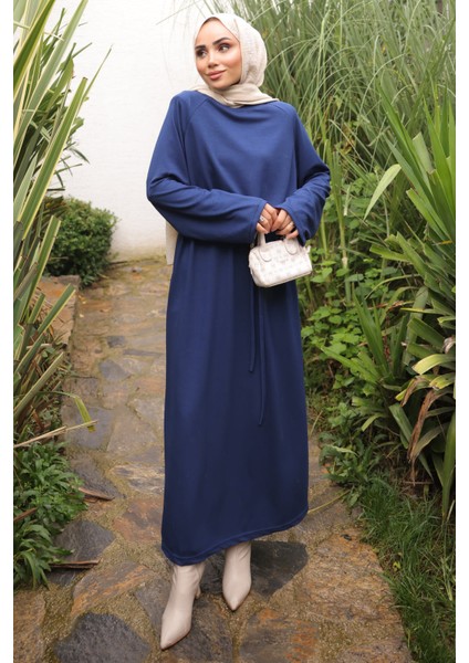 Lacivert Bisiklet Yaka Bel Kuşaklı Elbise