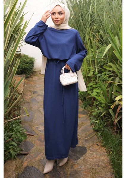 Lacivert Bisiklet Yaka Bel Kuşaklı Elbise fiyatları