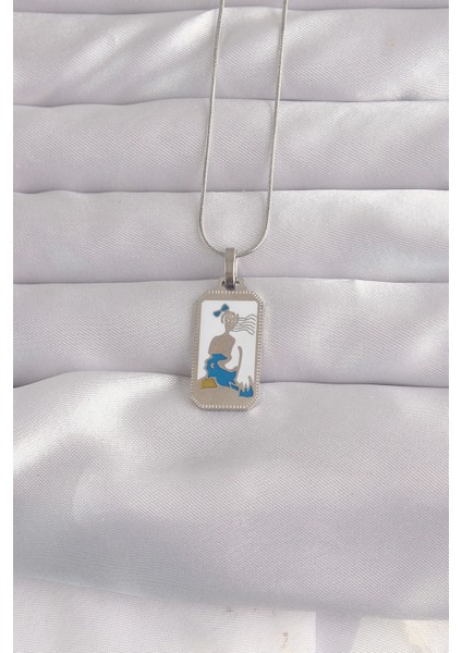 Bfs 316L Çelik Gümüş Renk Beyaz Mineli Kız Figür Tarot Kolye