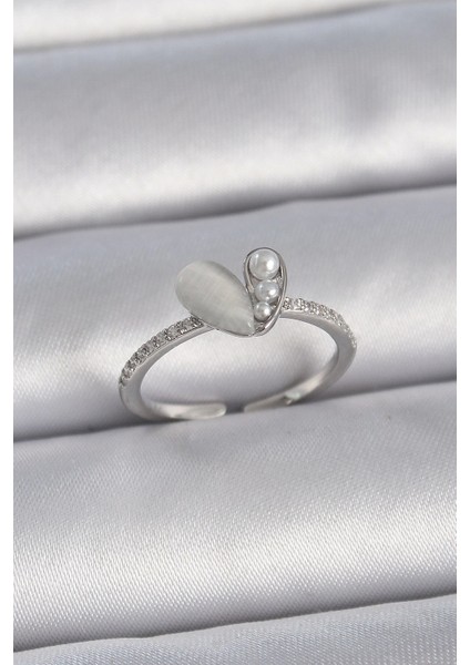 Bfs Pirinç Gümüş Renk Ayarlanabilir Zirkon Taşlı Incili Beyaz Mineli Kalp Model Kadın Yüzü