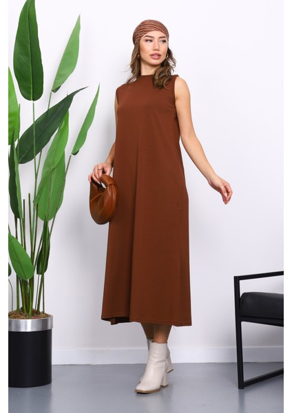 Kahverengi Sıfır Kol Penye Tesettür İçlik Elbise fiyatları