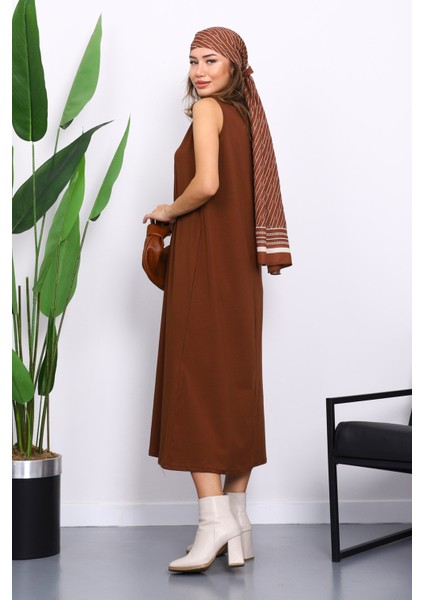 Kahverengi Sıfır Kol Penye Tesettür İçlik Elbise modelleri