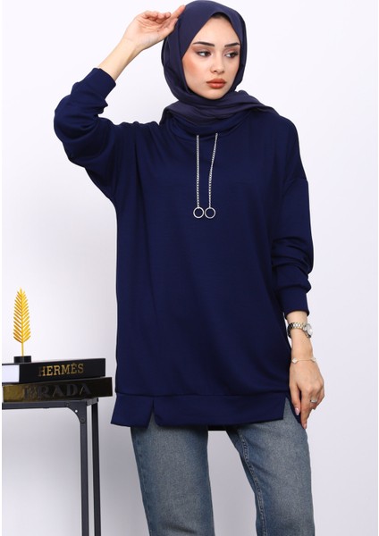 Lacivert Yaka Detaylı Modal Tunik
