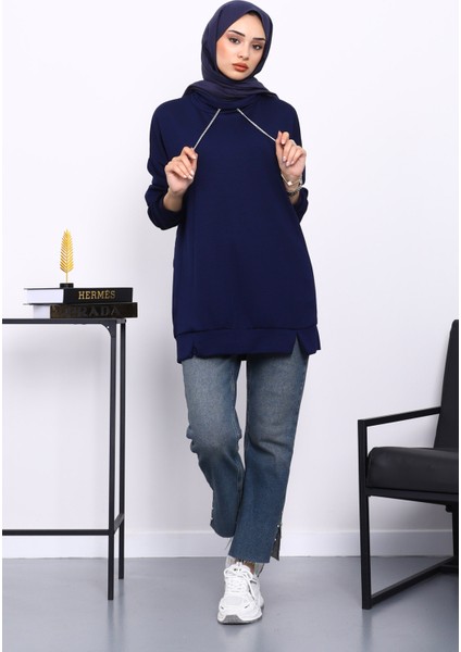 Lacivert Yaka Detaylı Modal Tunik fiyatları