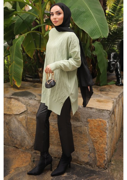 Mint Yeşili Bisiklet Yaka Soğuk İplik Triko Tunik