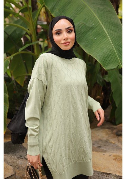 Mint Yeşili Bisiklet Yaka Soğuk İplik Triko Tunik fiyatları