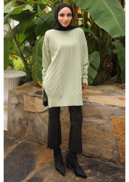 Mint Yeşili Bisiklet Yaka Soğuk İplik Triko Tunik modelleri