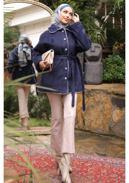 Lacivert İnci Detaylı Taş Düğmeli Angora Kaban fiyatları