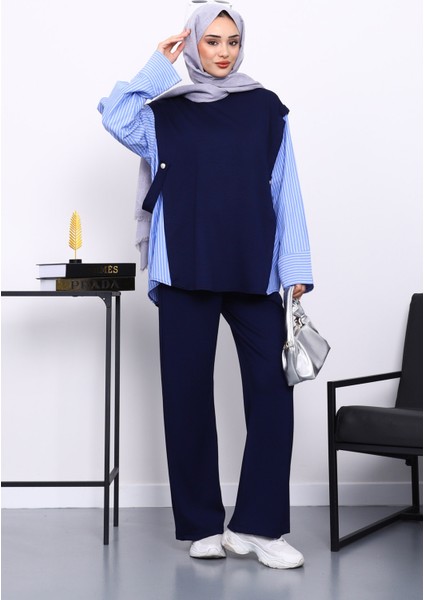 Lacivert Garnili Tunik Pantolonlu Modal Takım