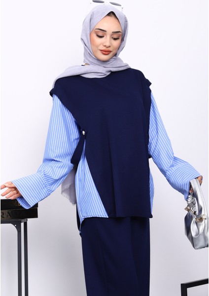 Lacivert Garnili Tunik Pantolonlu Modal Takım modelleri