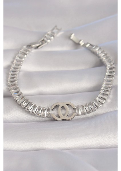 Bfs Pirinç Gümüş Renk Zirkon Taşlı Su Yolu Model Vıp Seri Kadın Bileklik