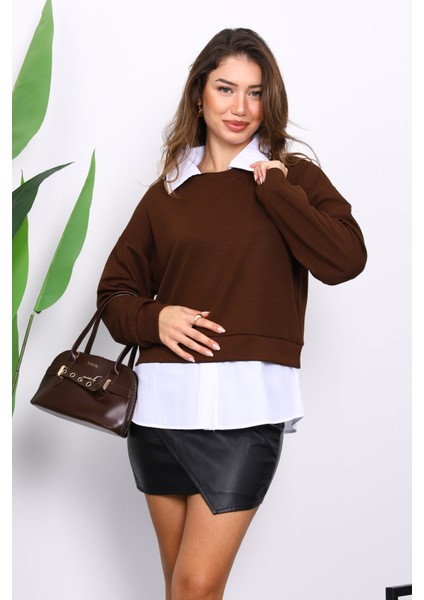 Kahverengi Gömlek Garnili Modal Sweat