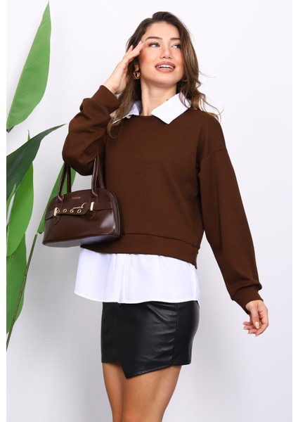 Kahverengi Gömlek Garnili Modal Sweat modelleri