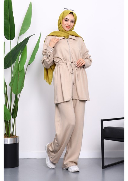 Bej Çıtçıt Detaylı Tunik Pantolonlu Modal Takım