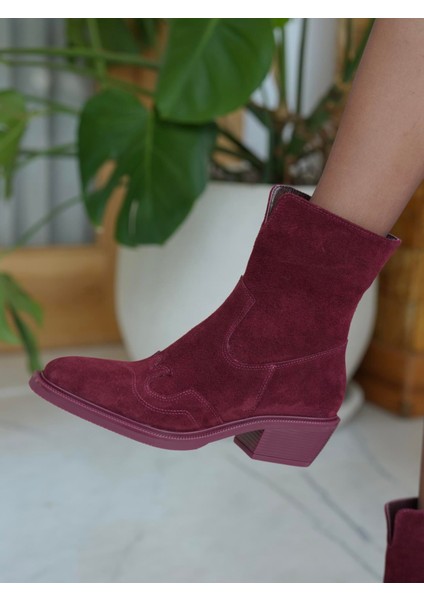 Krowe Bordo Süet Hakiki Deri Kadın Bot