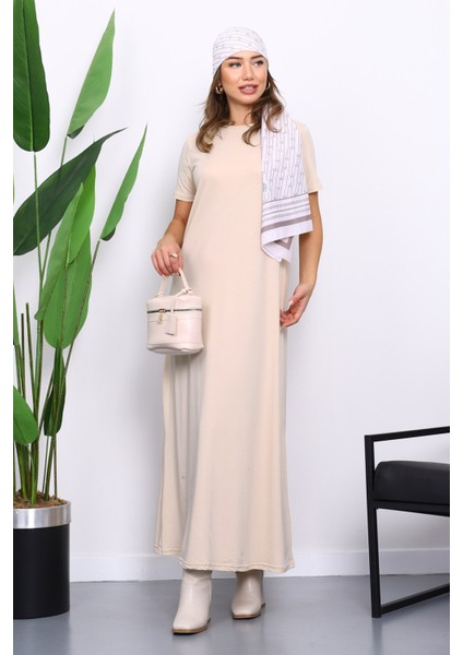 Bej Kısa Kol Tesettür İçlik Elbise
