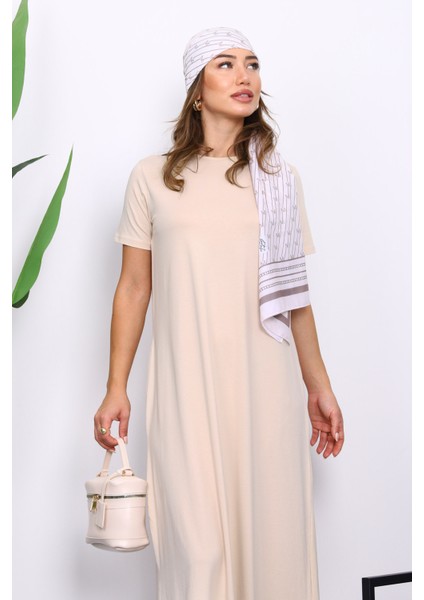 Bej Kısa Kol Tesettür İçlik Elbise modelleri