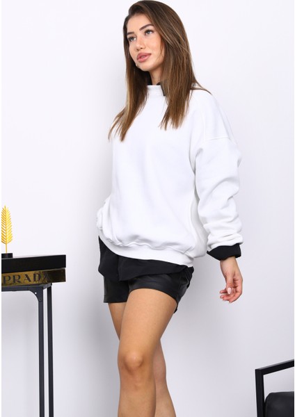 Ekru Bisiklert Yaka Üç İplik Sweat