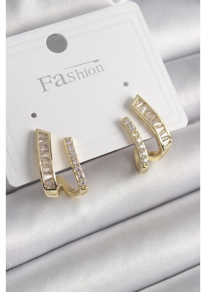 Bfs Pirinç Gold Renk Zirkon Taşlı Kadın Küpe