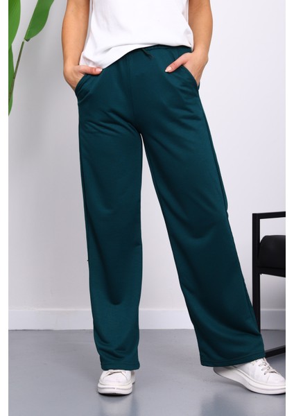 Zümrüt Yeşili Bel Lastikli İki İplik Palazzo Eşofman Alt modelleri