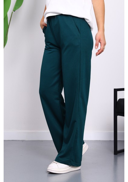 Zümrüt Yeşili Bel Lastikli İki İplik Palazzo Eşofman Alt fırsatları