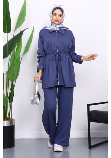 İndigo Çıtçıt Detaylı Tunik Pantolonlu Modal Takım