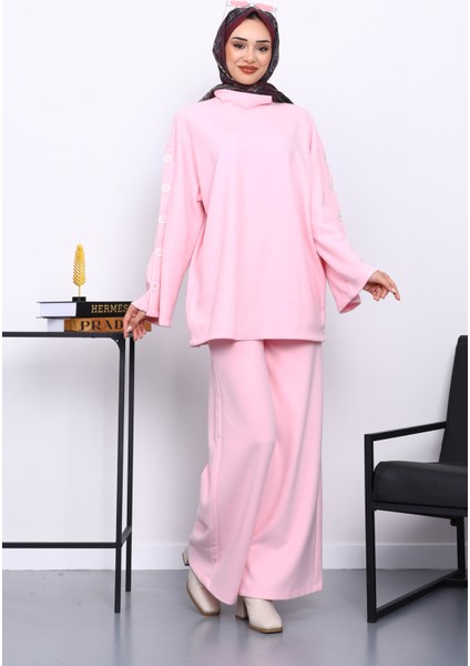 Pembe Kol Düğme Detaylı Tunik Pantolonlu Takım