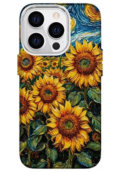 Apple iPhone 15 Pro Özel Yağlı Boya Ayçiçeği Tasarımlı Lüks Silikon Kılıf