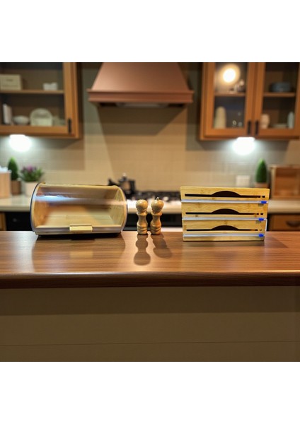 Bambu Ekmeklik Ekmek Dolabı - Streç Flim Folyoluk Tuzluk Karaberlik 4 Lü Set