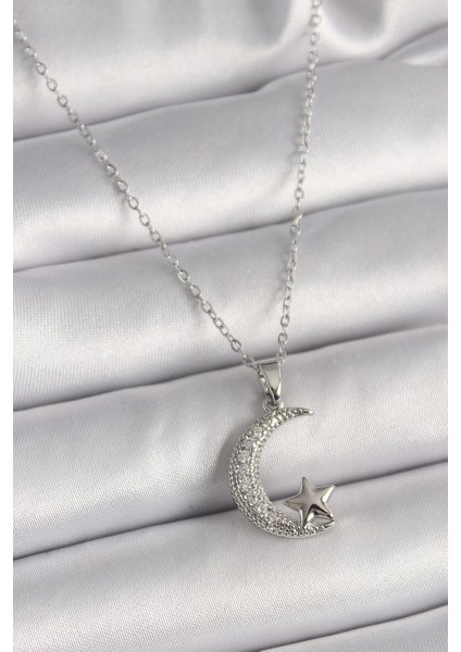 Bfs 316L Çelik Gümüş Renk Zincir Zirkon Taşlı Hilal Model Yıldız Detay Kadın Kolye