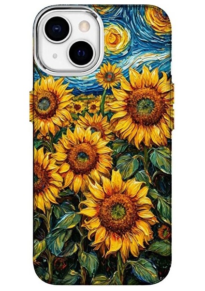 Apple iPhone 15 Özel Yağlı Boya Ayçiçeği Tasarımlı Lüks Silikon Kılıf