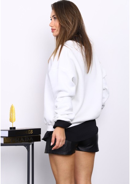 Ekru Bisiklert Yaka Üç İplik Sweat modelleri