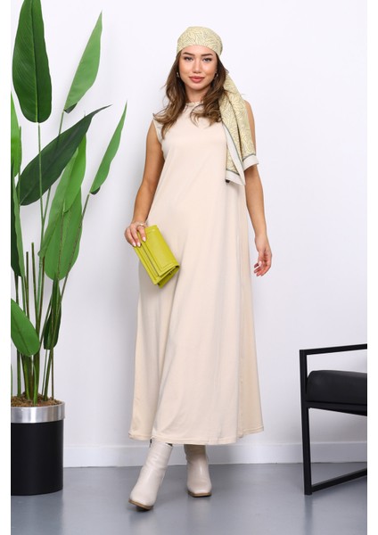 Bej Sıfır Kol Penye Tesettür İçlik Elbise