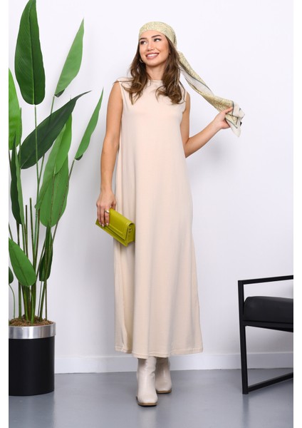 Bej Sıfır Kol Penye Tesettür İçlik Elbise fiyatları