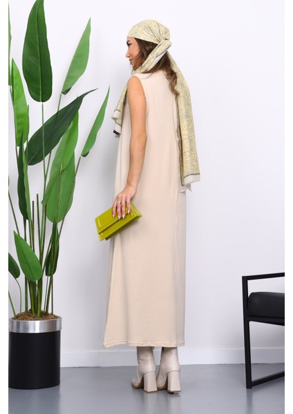 Bej Sıfır Kol Penye Tesettür İçlik Elbise modelleri
