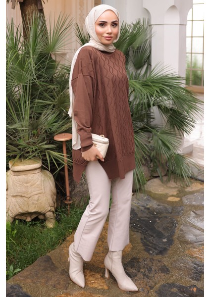 Kahverengi Bisiklet Yaka Soğuk İplik Triko Tunik