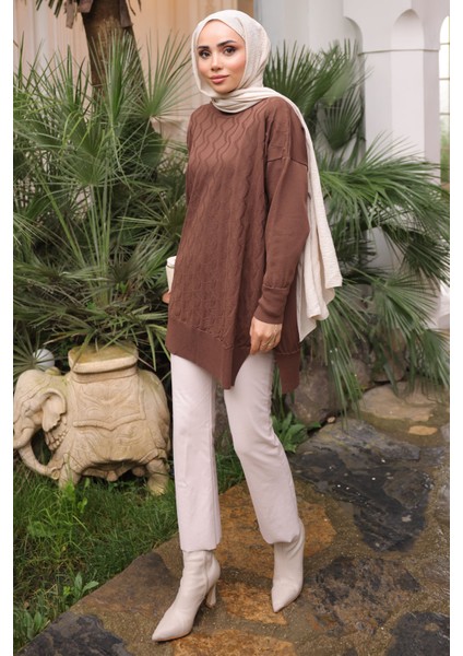Kahverengi Bisiklet Yaka Soğuk İplik Triko Tunik fiyatları