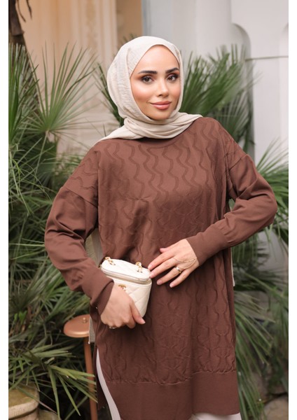 Kahverengi Bisiklet Yaka Soğuk İplik Triko Tunik modelleri